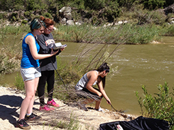 Three students gathering water samples from a river