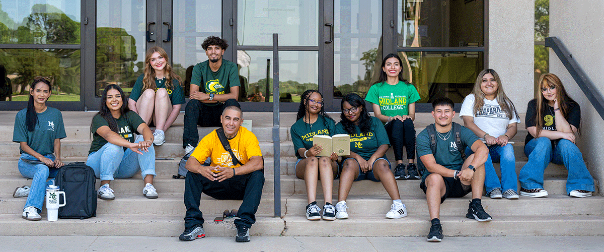 Group of MC students sitting on stairs of the Learning Resource Center