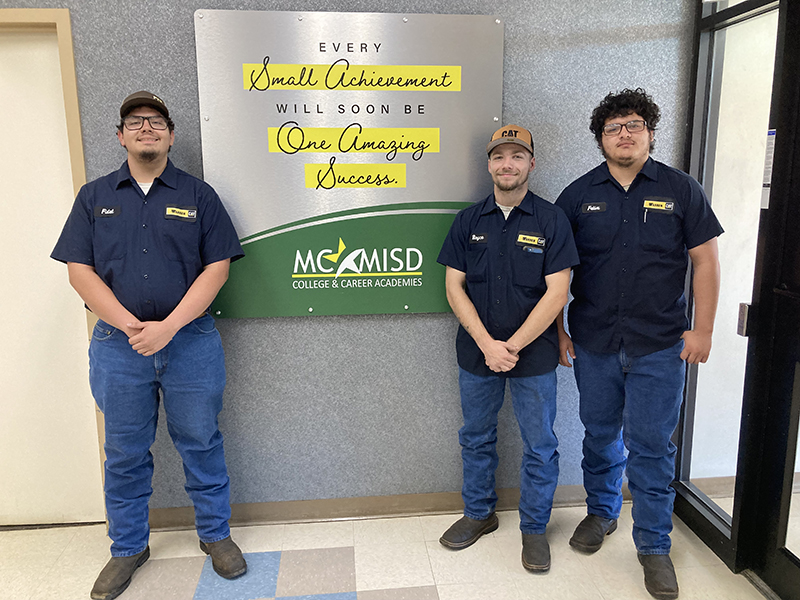 sFrom left to right, Midland College Diesel Technology students and Warren CAT diesel tech trainees:  Fidel Gardea de la Cruz, Royce Knight and Felix Campos