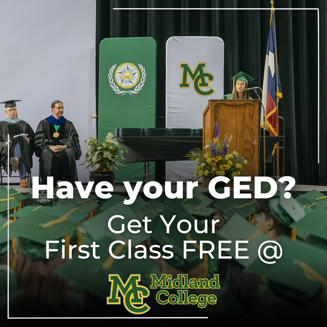 sMidland College has launched a new initiative for the fall 2024 semester offering GED graduates their first college course for free in an effort to foster educational and career advancement for GED graduates. The program is open to any resident in the college's service area who has completed a GED program through Midland College or another entity and not previously completed college coursework.