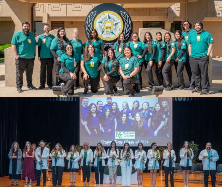 The image to use for this article. Listing image managed through RSS tab. 17 associate degree nursing and 12 respiratory care graduates pose in front of Midland College seal